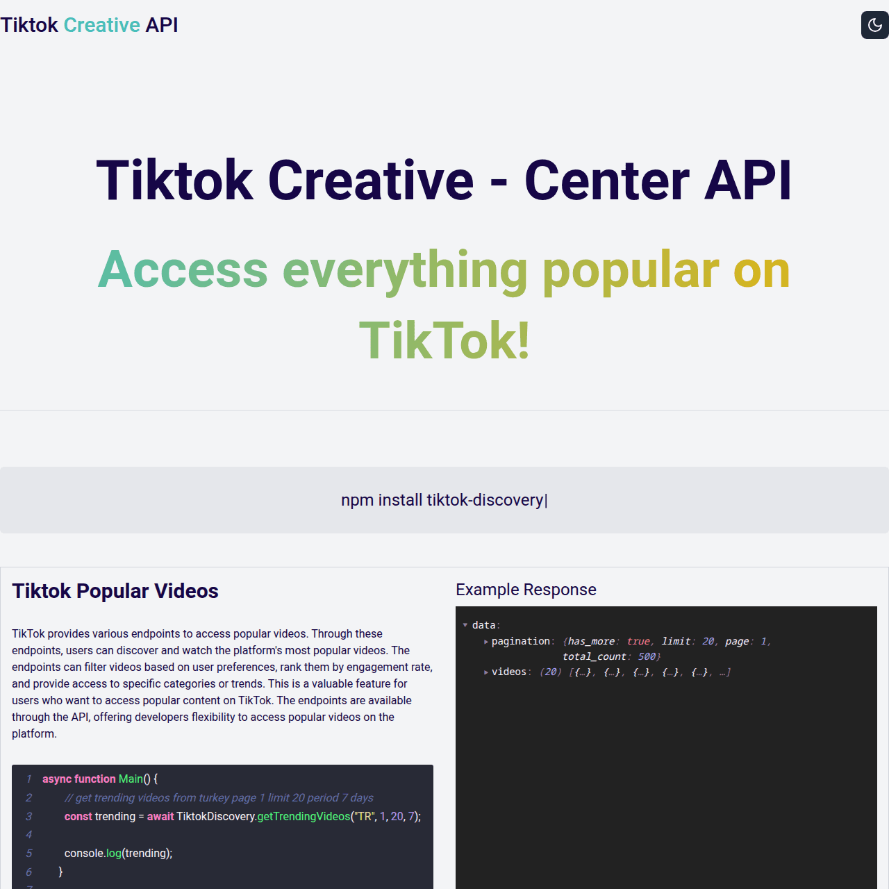 Tiktok Creative Center Data Scraper API & Package